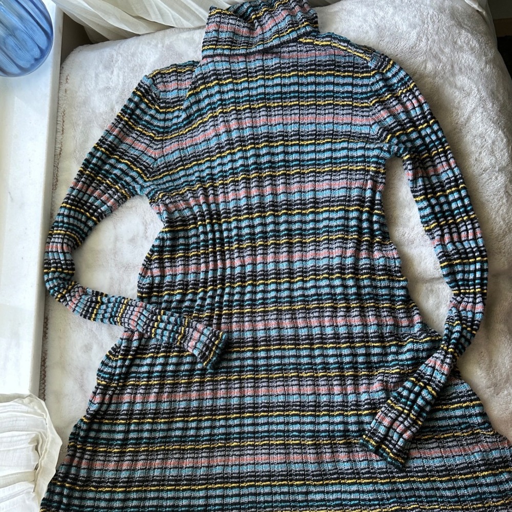 Skater Striped Ribbed Turtleneck Dress